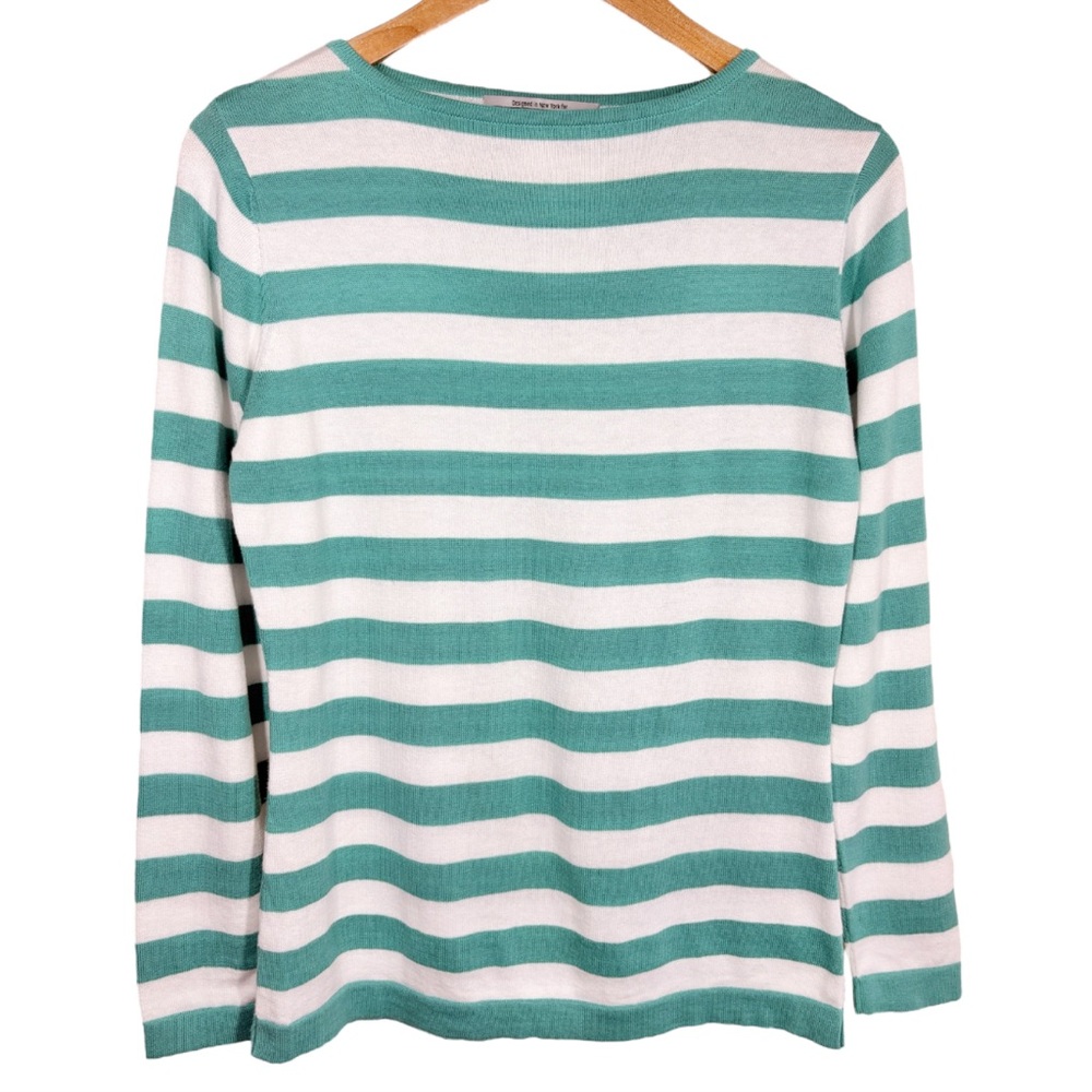 The J. Peterman Venetian Boatneck Sweater Top Size Medium Striped Green White